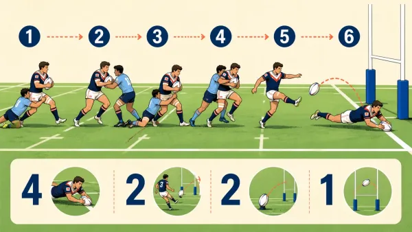 NRL의 여섯 번 태클과 트라이 4점, 킥 2점, 필드골 1점을 함께 보여주는 그림