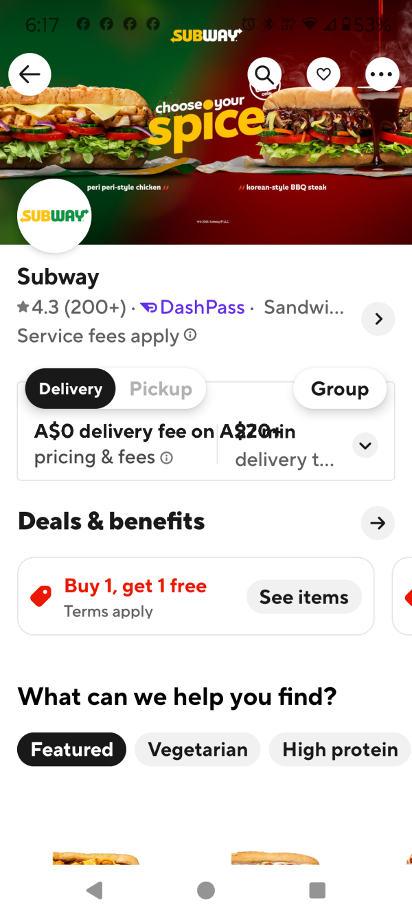 DoorDash 앱의 Subway Buy 1 get 1 free 행사 화면